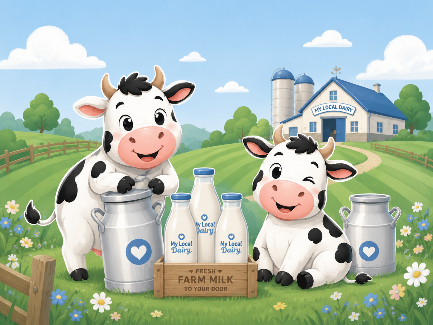 Friendly cartoon dairy cows on a farm