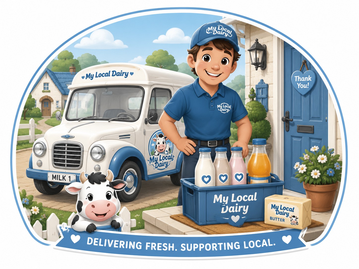 Friendly milk delivery cartoon scene