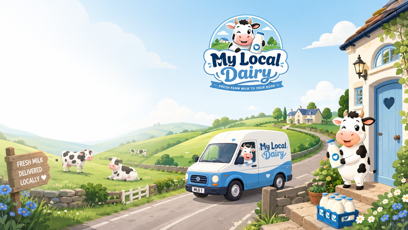 Fresh milk delivery van and friendly cow mascot in the countryside